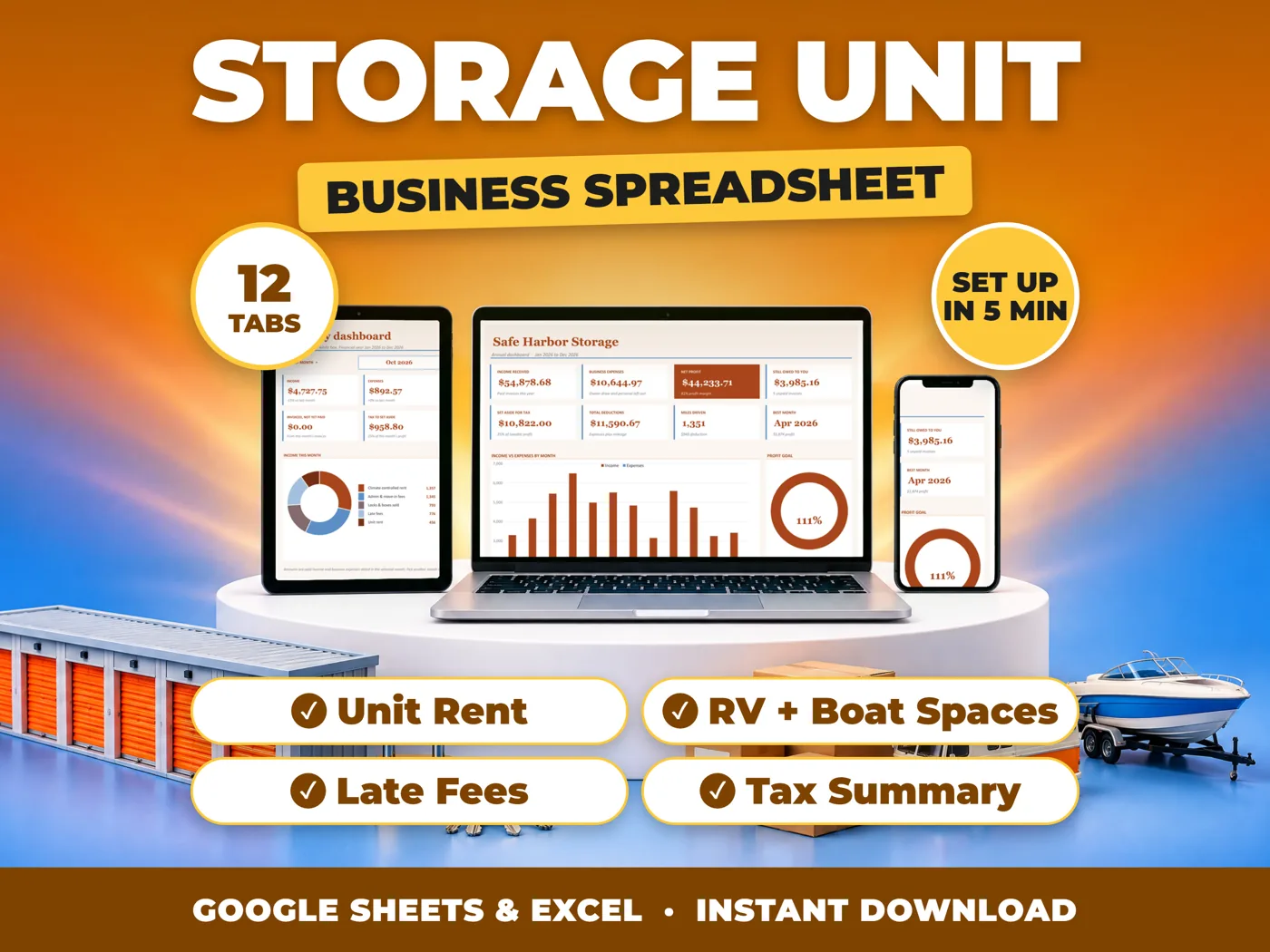 Storage Unit bookkeeping spreadsheet for Google Sheets and Excel on laptop, tablet and phone