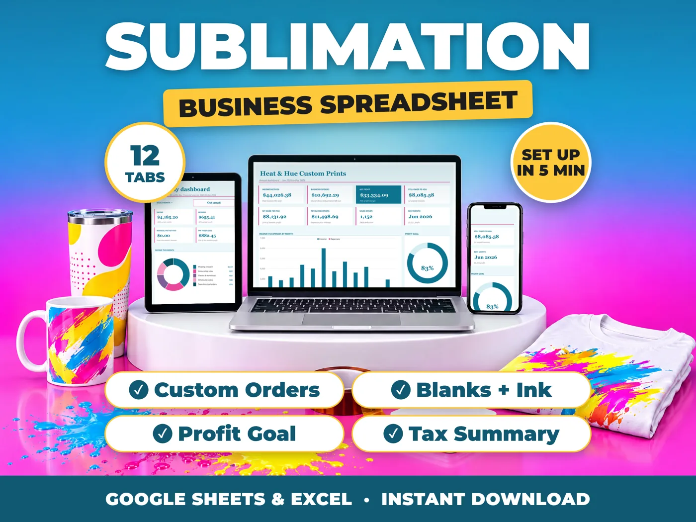 Sublimation bookkeeping spreadsheet for Google Sheets and Excel on laptop, tablet and phone