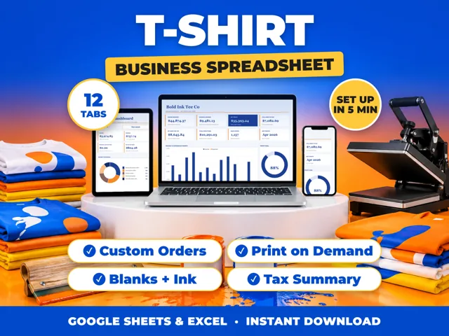 T-Shirt bookkeeping spreadsheet for Google Sheets and Excel on laptop, tablet and phone