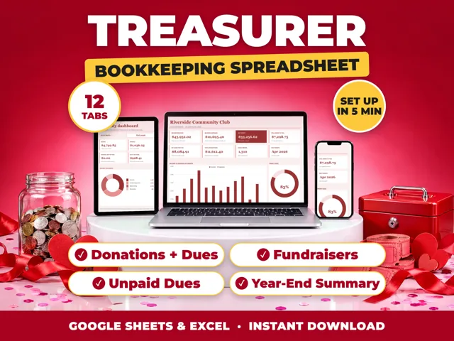 Treasurer bookkeeping spreadsheet for Google Sheets and Excel on laptop, tablet and phone