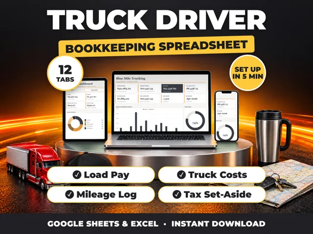 Truck Driver bookkeeping spreadsheet for Google Sheets and Excel on laptop, tablet and phone