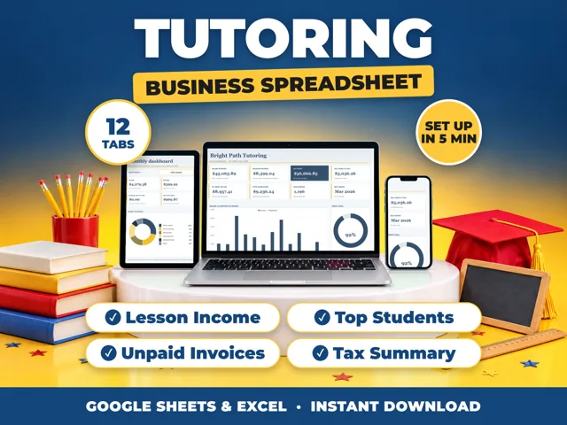 Tutoring bookkeeping spreadsheet for Google Sheets and Excel on laptop, tablet and phone