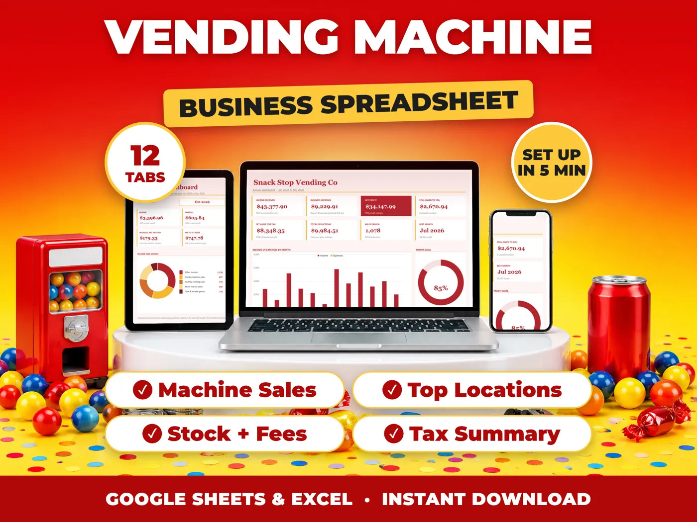 Vending Machine bookkeeping spreadsheet for Google Sheets and Excel on laptop, tablet and phone
